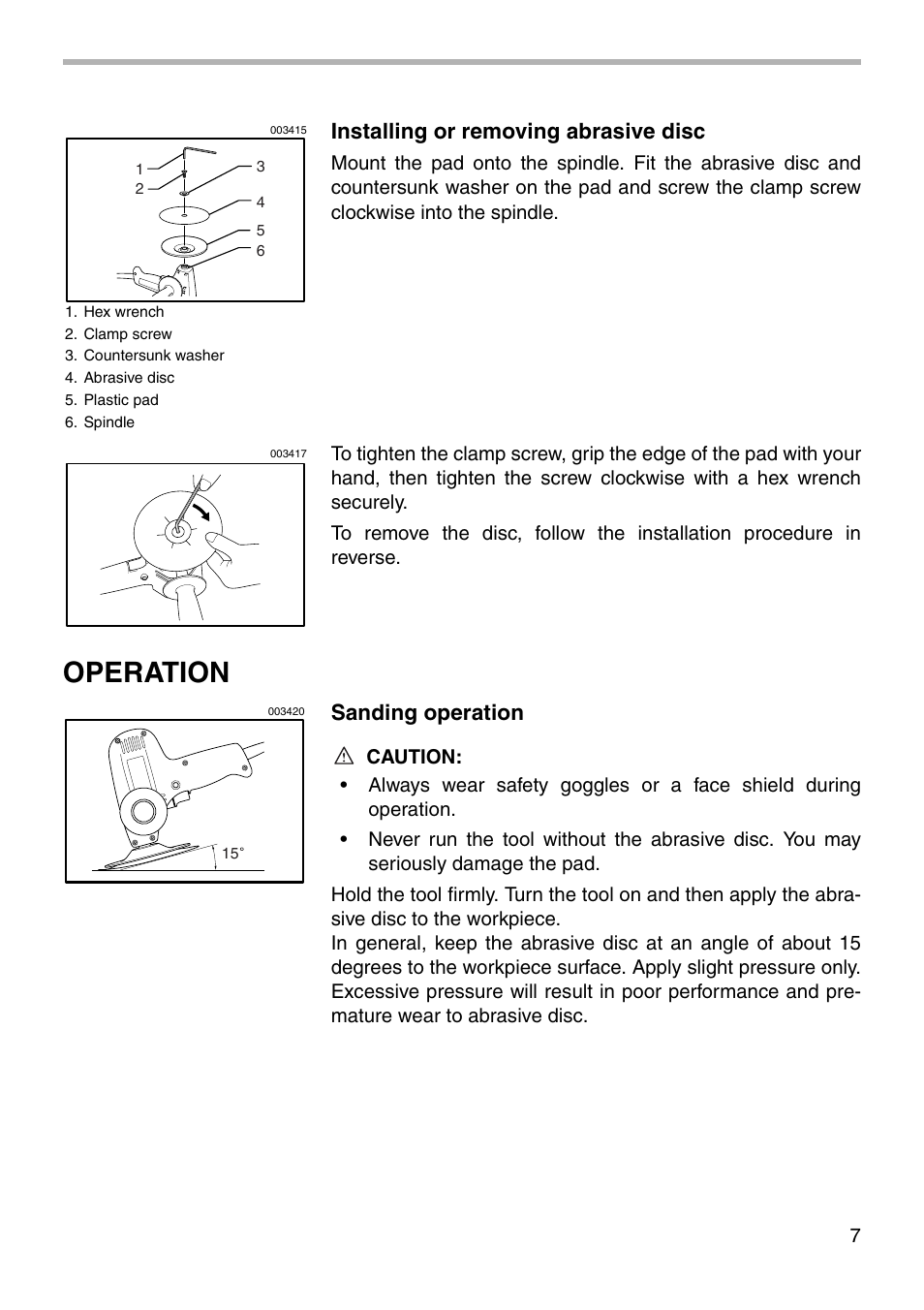 Operation, Installing or removing abrasive disc, Sanding operation | Makita GV5000 User Manual | Page 7 / 12