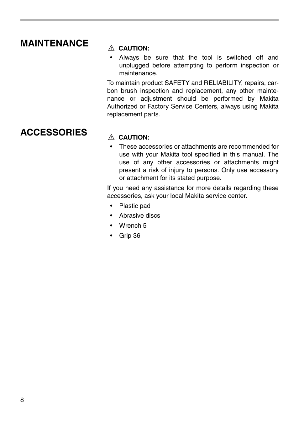 Maintenance, Accessories | Makita GV5000 User Manual | Page 8 / 12