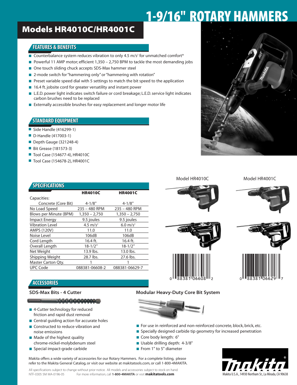 9/16" rotary hammers, Features & benefits | Makita HR4001C User Manual | Page 2 / 2