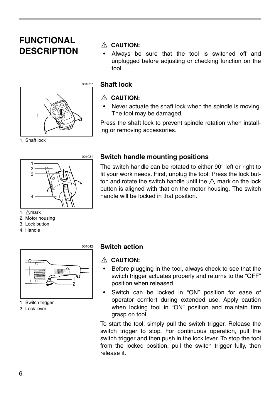 Functional description, Shaft lock, Switch handle mounting positions | Switch action | Makita Grinder 9077SL User Manual | Page 6 / 16