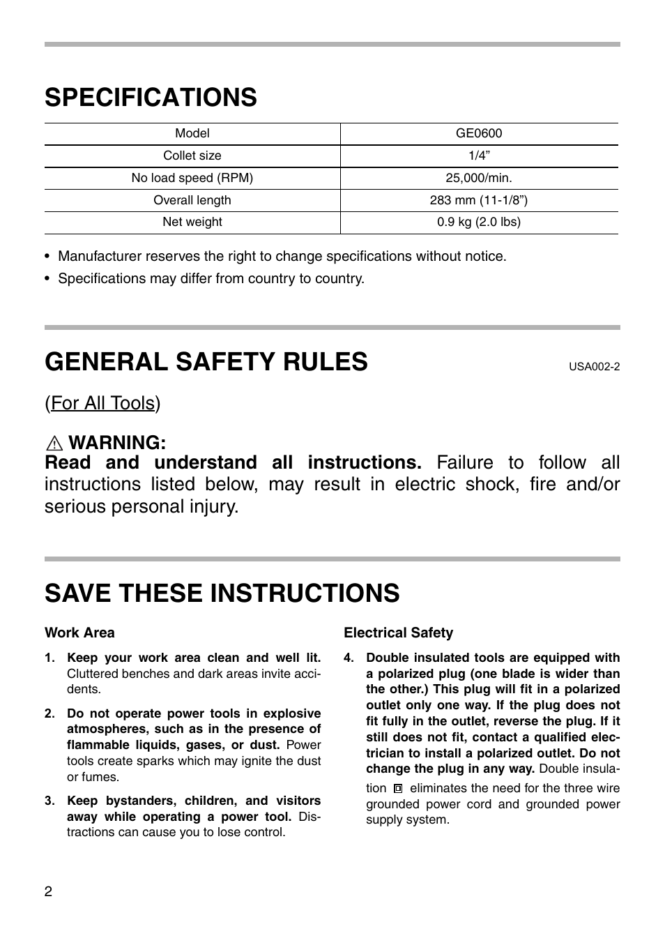Specifications, General safety rules, Save these instructions | Makita GE0600 User Manual | Page 2 / 12