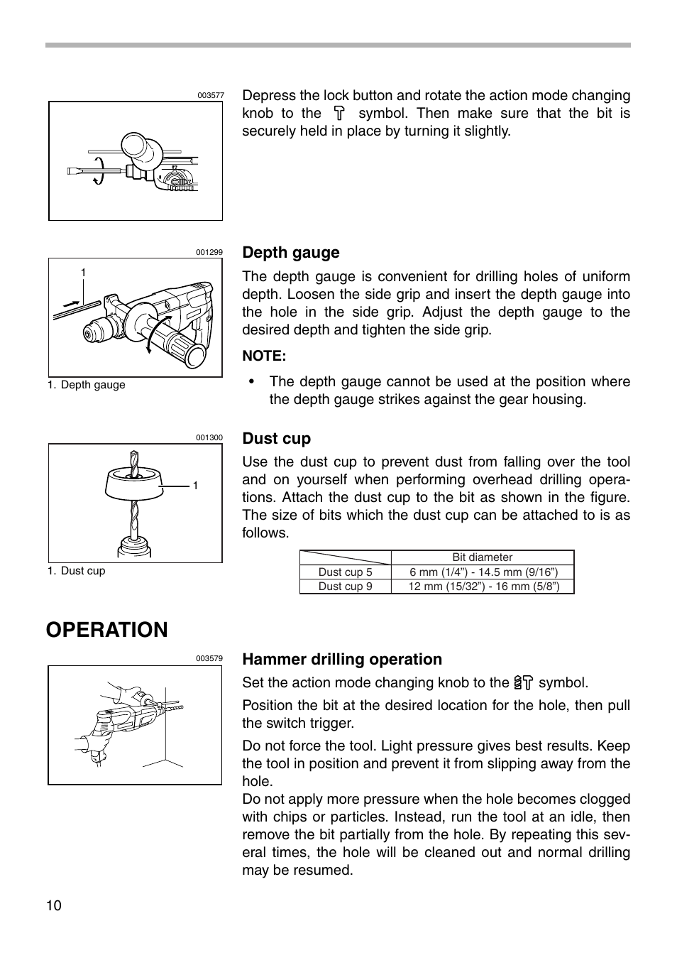 Operation, Depth gauge, Dust cup | Hammer drilling operation | Makita HR2450F User Manual | Page 10 / 20