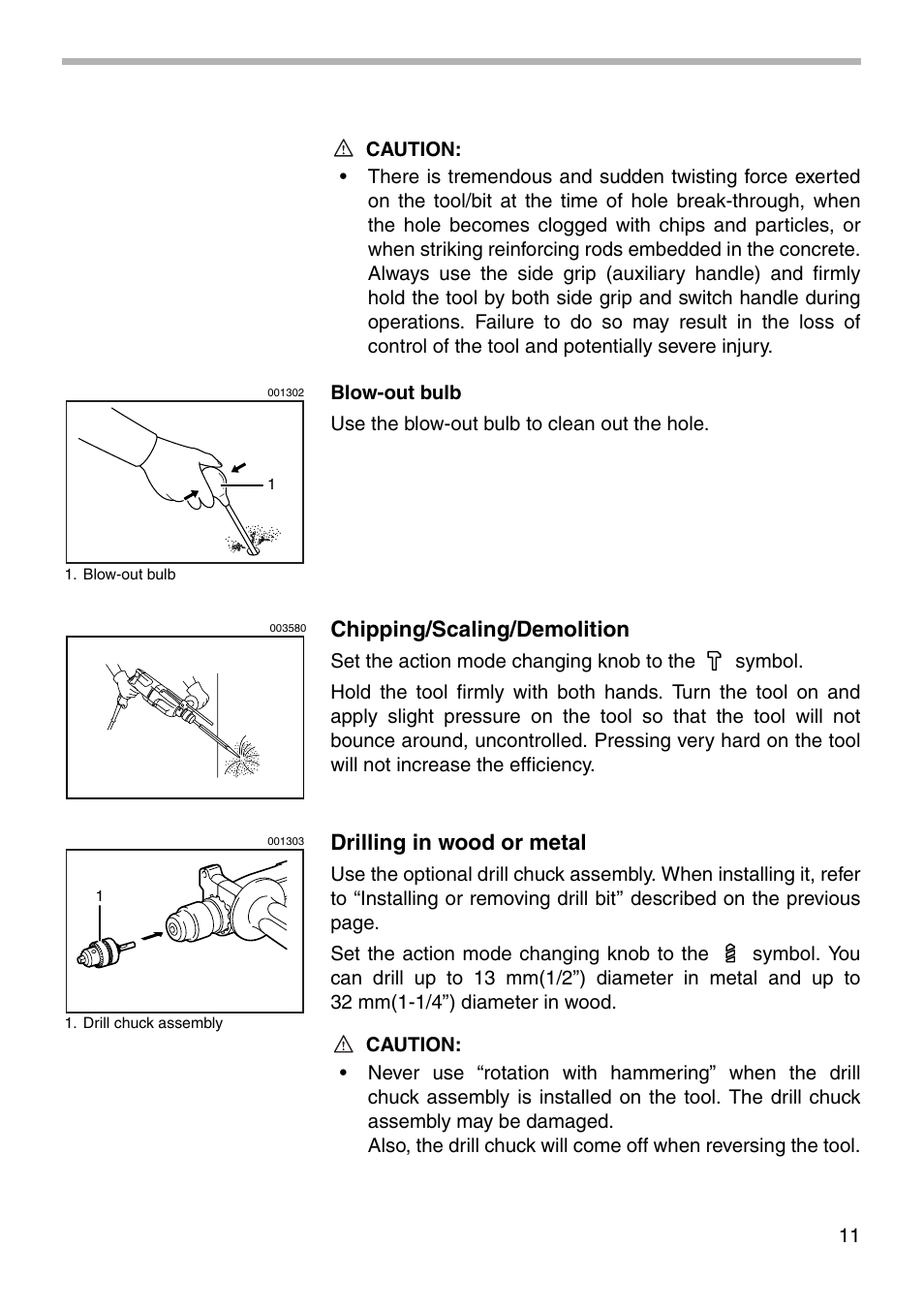 Chipping/scaling/demolition, Drilling in wood or metal | Makita HR2450F User Manual | Page 11 / 20