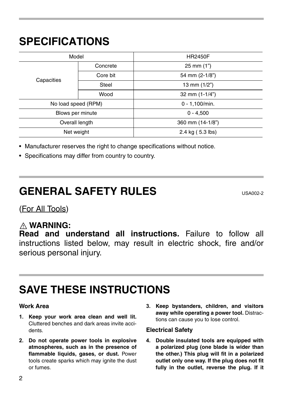 Specifications, General safety rules, Save these instructions | Makita HR2450F User Manual | Page 2 / 20