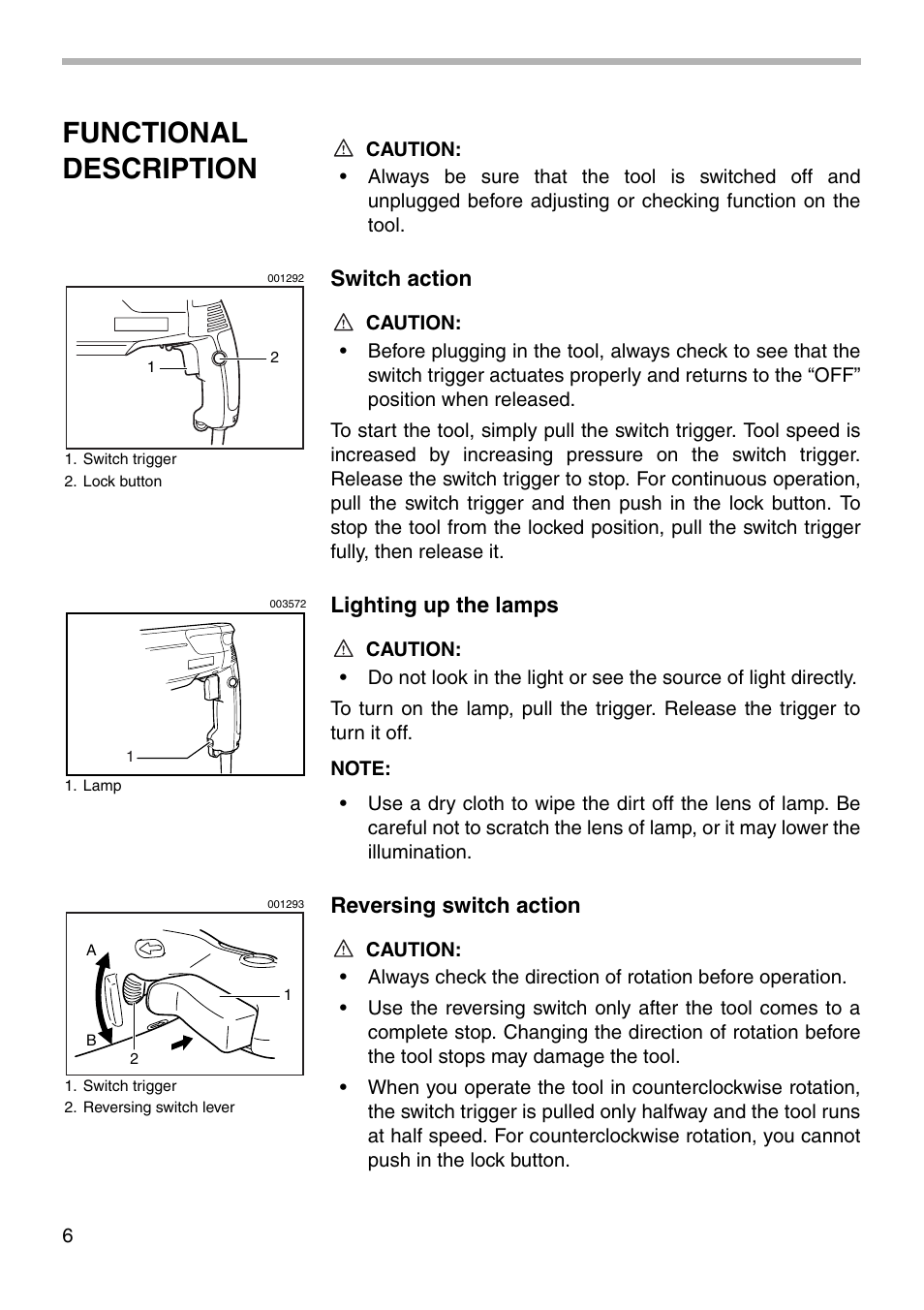 Functional description, Switch action, Lighting up the lamps | Reversing switch action | Makita HR2450F User Manual | Page 6 / 20