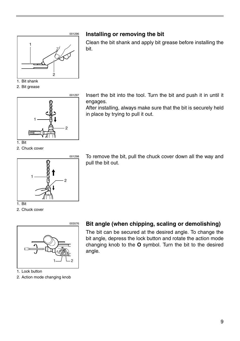 Installing or removing the bit, Bit angle (when chipping, scaling or demolishing) | Makita HR2450F User Manual | Page 9 / 20