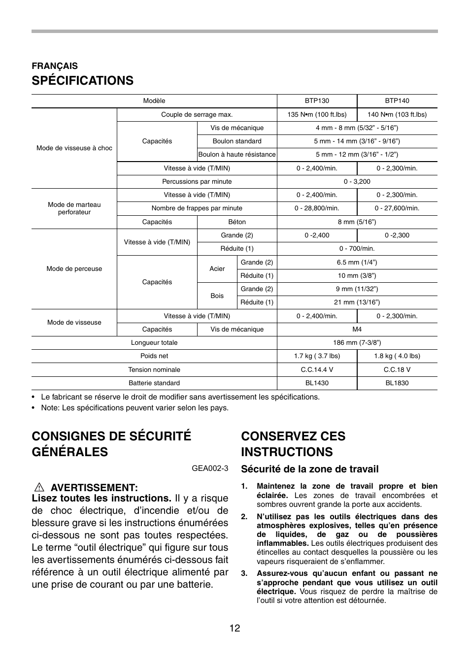 Spécifications, Consignes de sécurité générales, Conservez ces instructions | Sécurité de la zone de travail, Français | Makita BTP130 User Manual | Page 12 / 36
