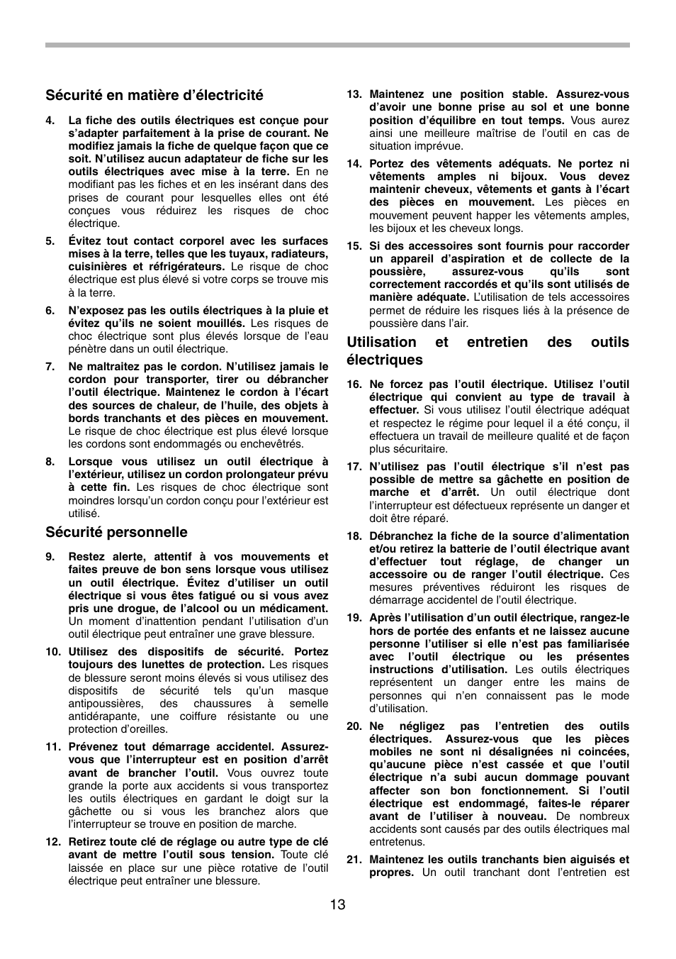 13 sécurité en matière d’électricité, Sécurité personnelle, Utilisation et entretien des outils électriques | Makita BTP130 User Manual | Page 13 / 36