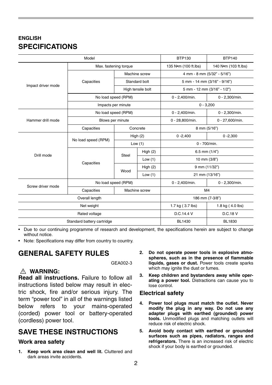 Specifications, General safety rules, Save these instructions | Work area safety, Electrical safety, English | Makita BTP130 User Manual | Page 2 / 36