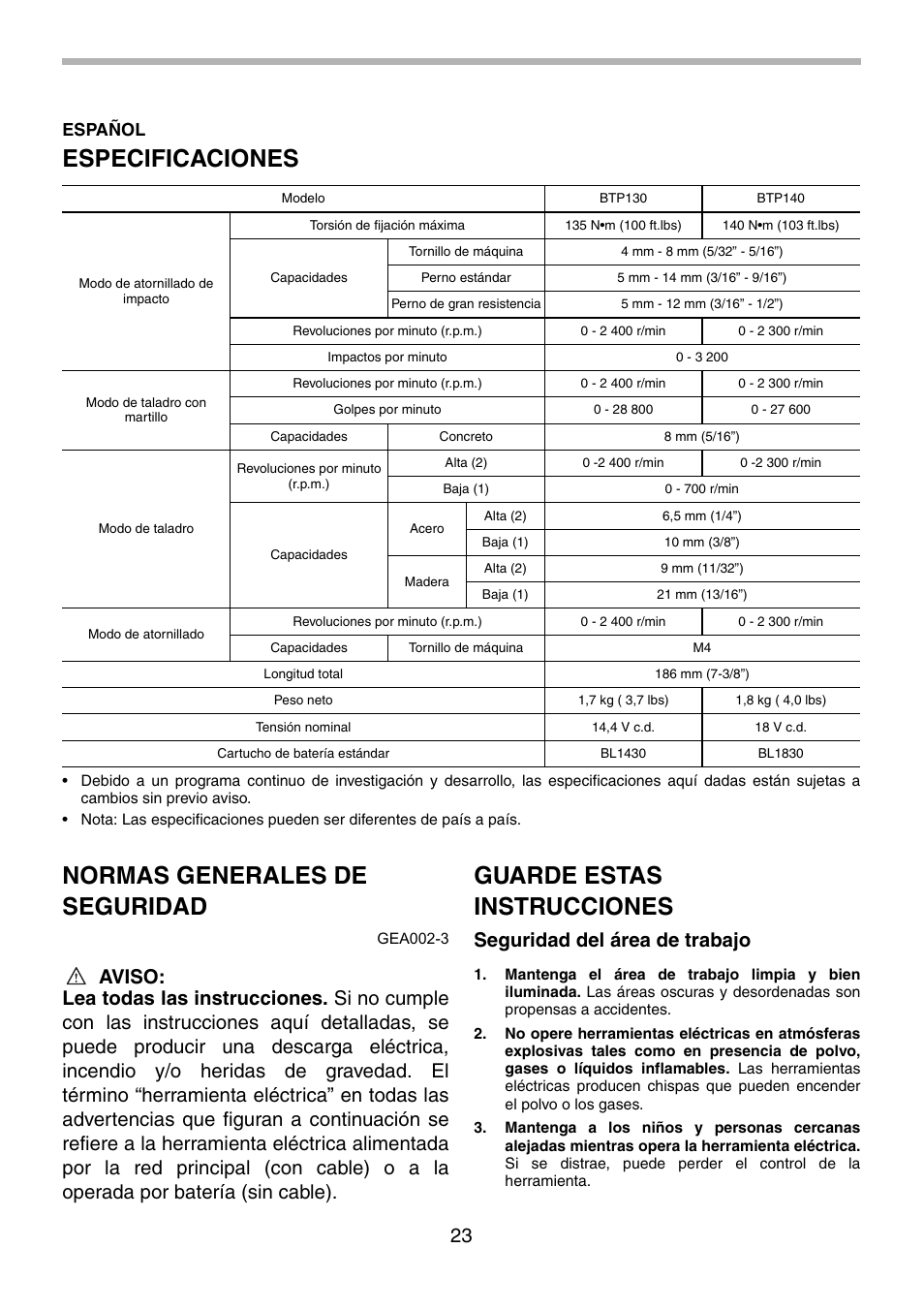 Especificaciones, Normas generales de seguridad, Guarde estas instrucciones | Seguridad del área de trabajo, Español | Makita BTP130 User Manual | Page 23 / 36