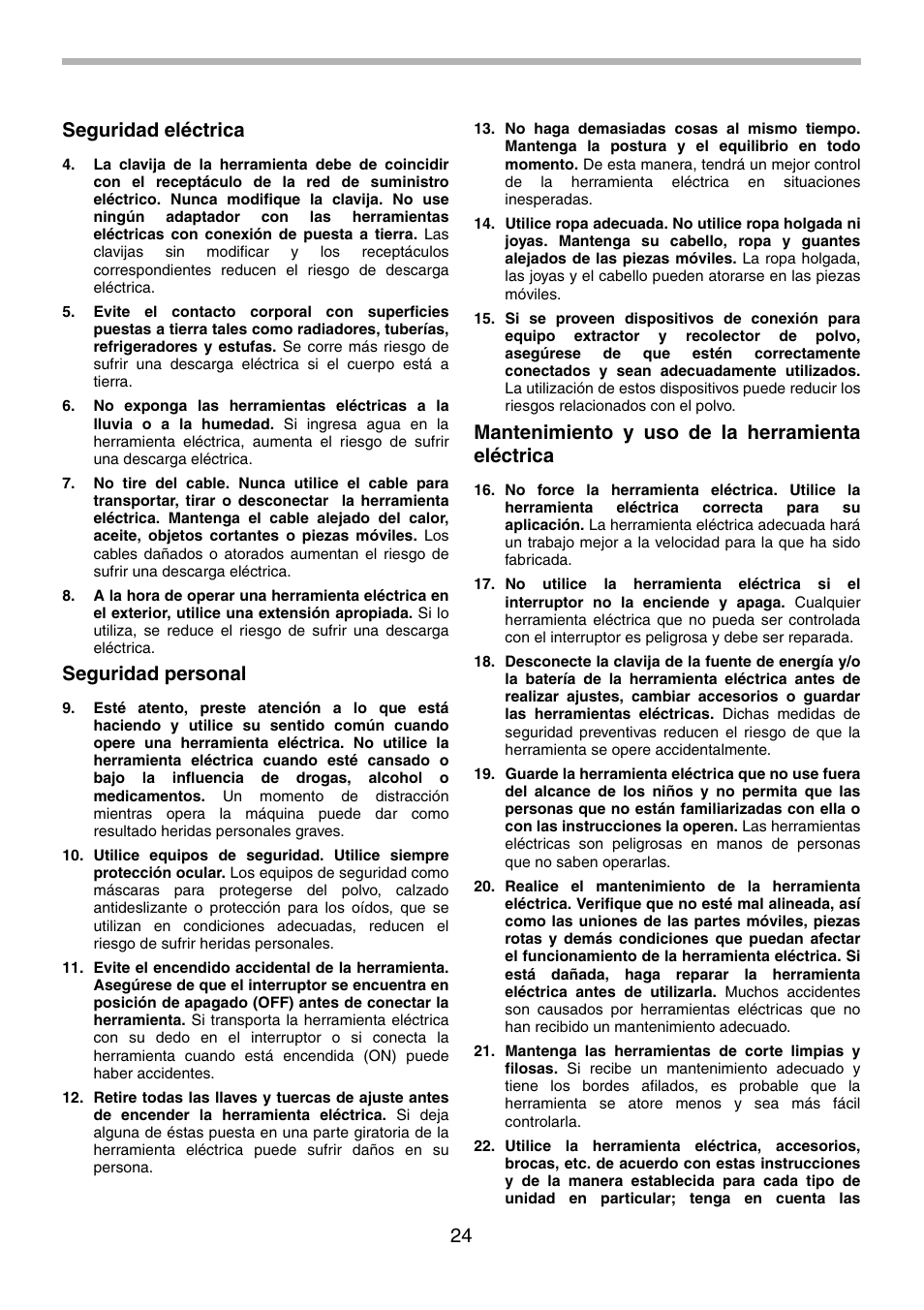 24 seguridad eléctrica, Seguridad personal, Mantenimiento y uso de la herramienta eléctrica | Makita BTP130 User Manual | Page 24 / 36