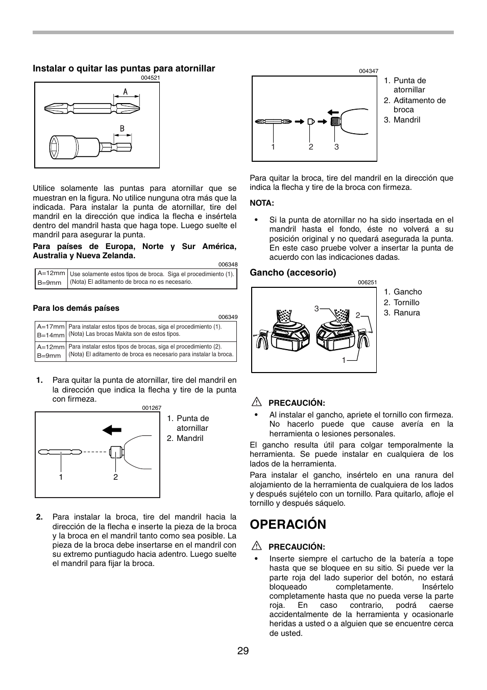 Operación, Instalar o quitar las puntas para atornillar, Gancho (accesorio) | Makita BTP130 User Manual | Page 29 / 36