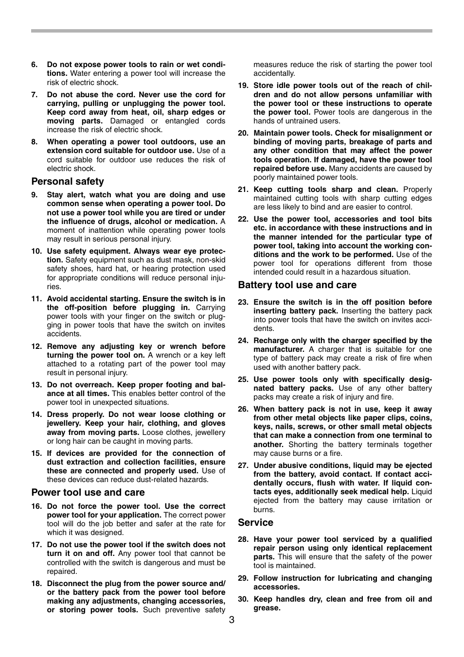 Personal safety, Power tool use and care, Battery tool use and care | Service | Makita BTP130 User Manual | Page 3 / 36