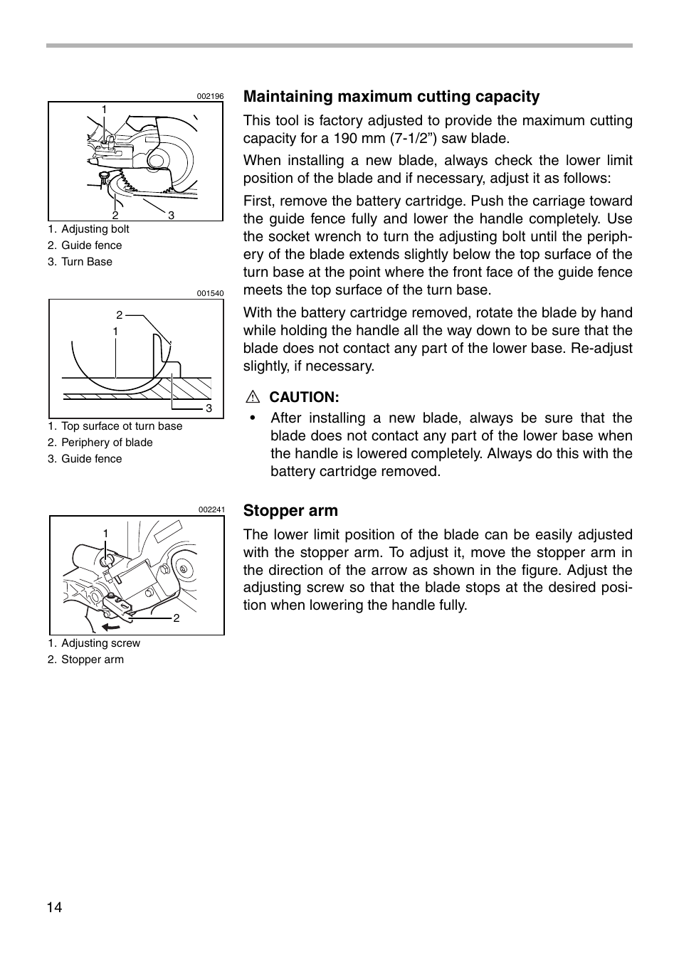 Maintaining maximum cutting capacity, Stopper arm | Makita BLS712 User Manual | Page 14 / 36