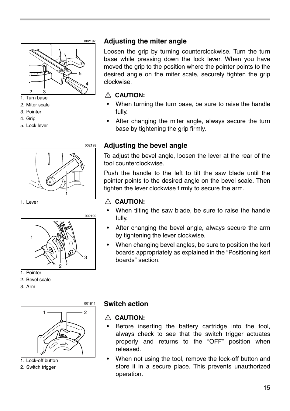 Adjusting the miter angle, Adjusting the bevel angle, Switch action | Makita BLS712 User Manual | Page 15 / 36