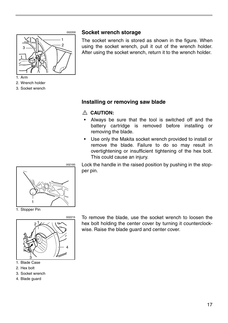 Socket wrench storage, Installing or removing saw blade | Makita BLS712 User Manual | Page 17 / 36