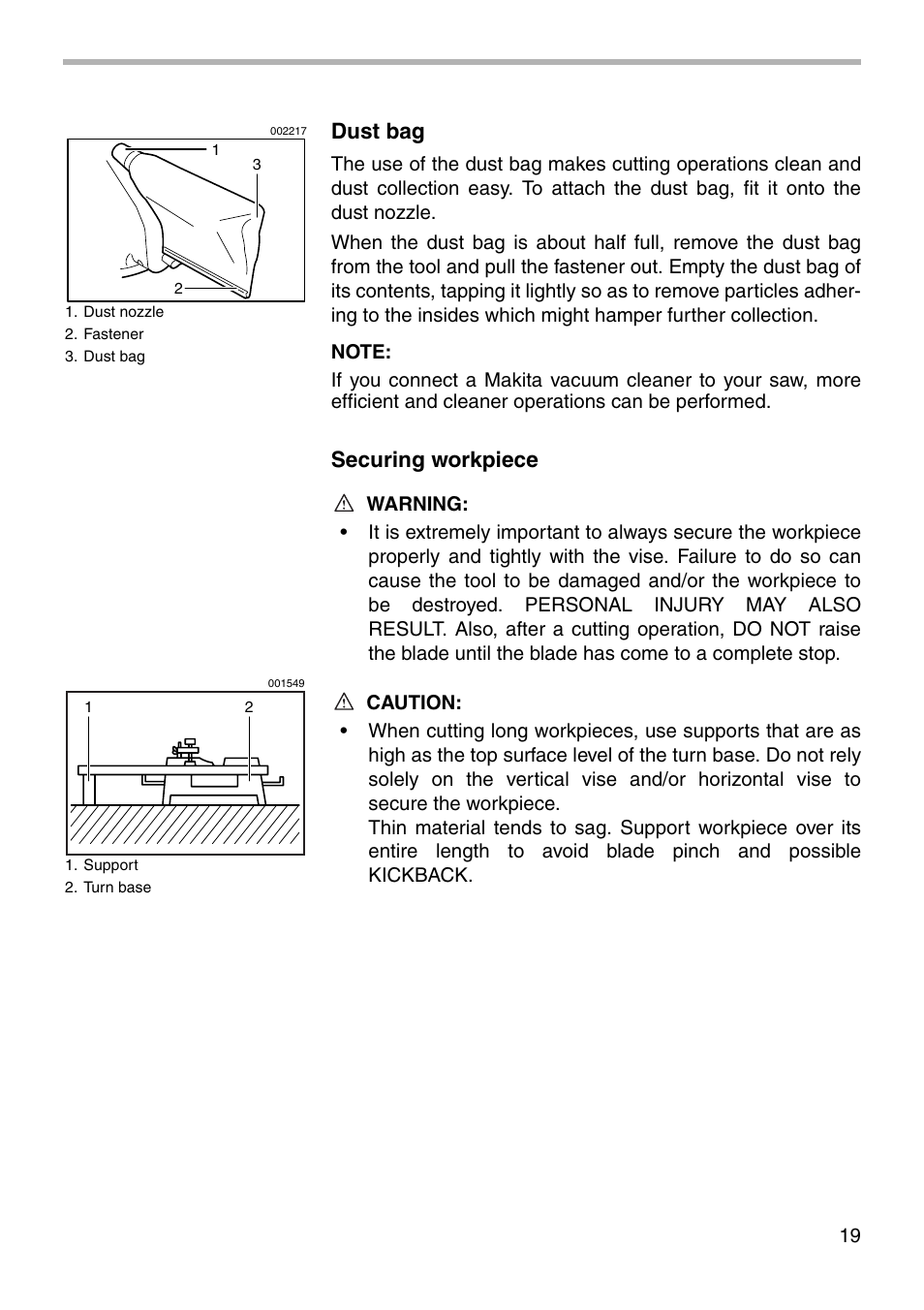 Dust bag, Securing workpiece | Makita BLS712 User Manual | Page 19 / 36