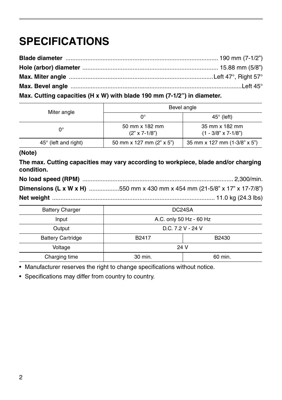 Specifications | Makita BLS712 User Manual | Page 2 / 36