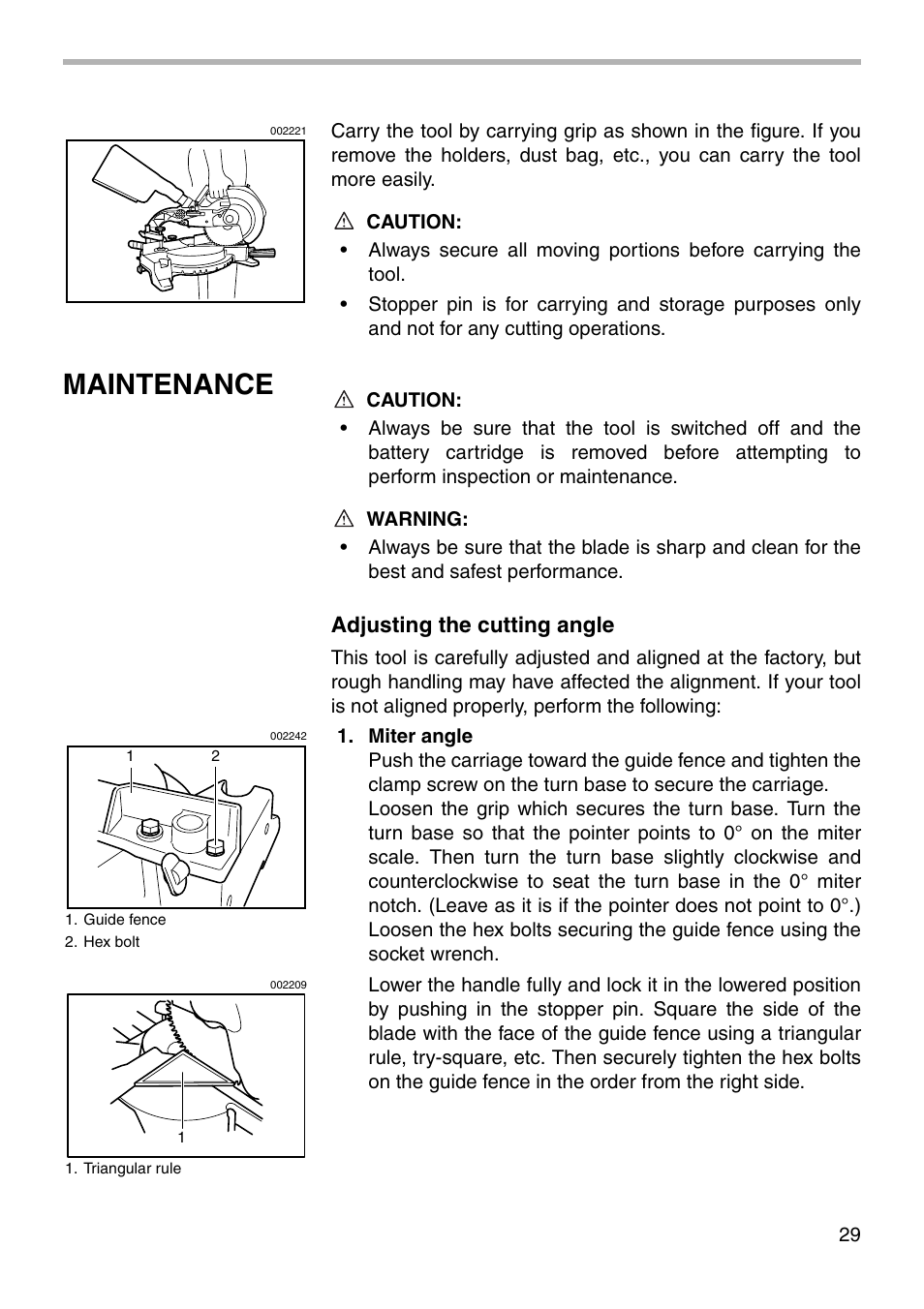 Maintenance, Adjusting the cutting angle | Makita BLS712 User Manual | Page 29 / 36
