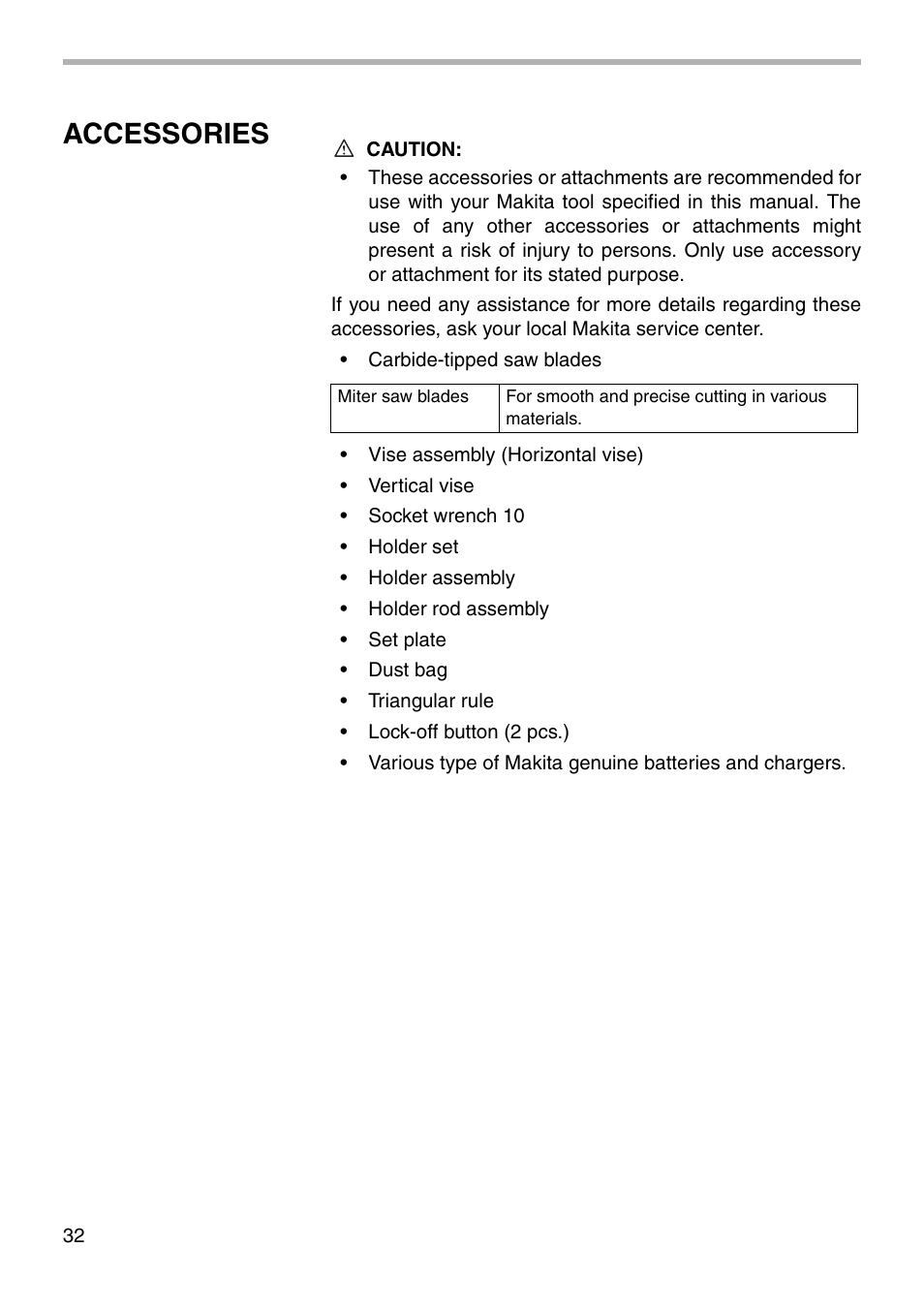 Accessories | Makita BLS712 User Manual | Page 32 / 36