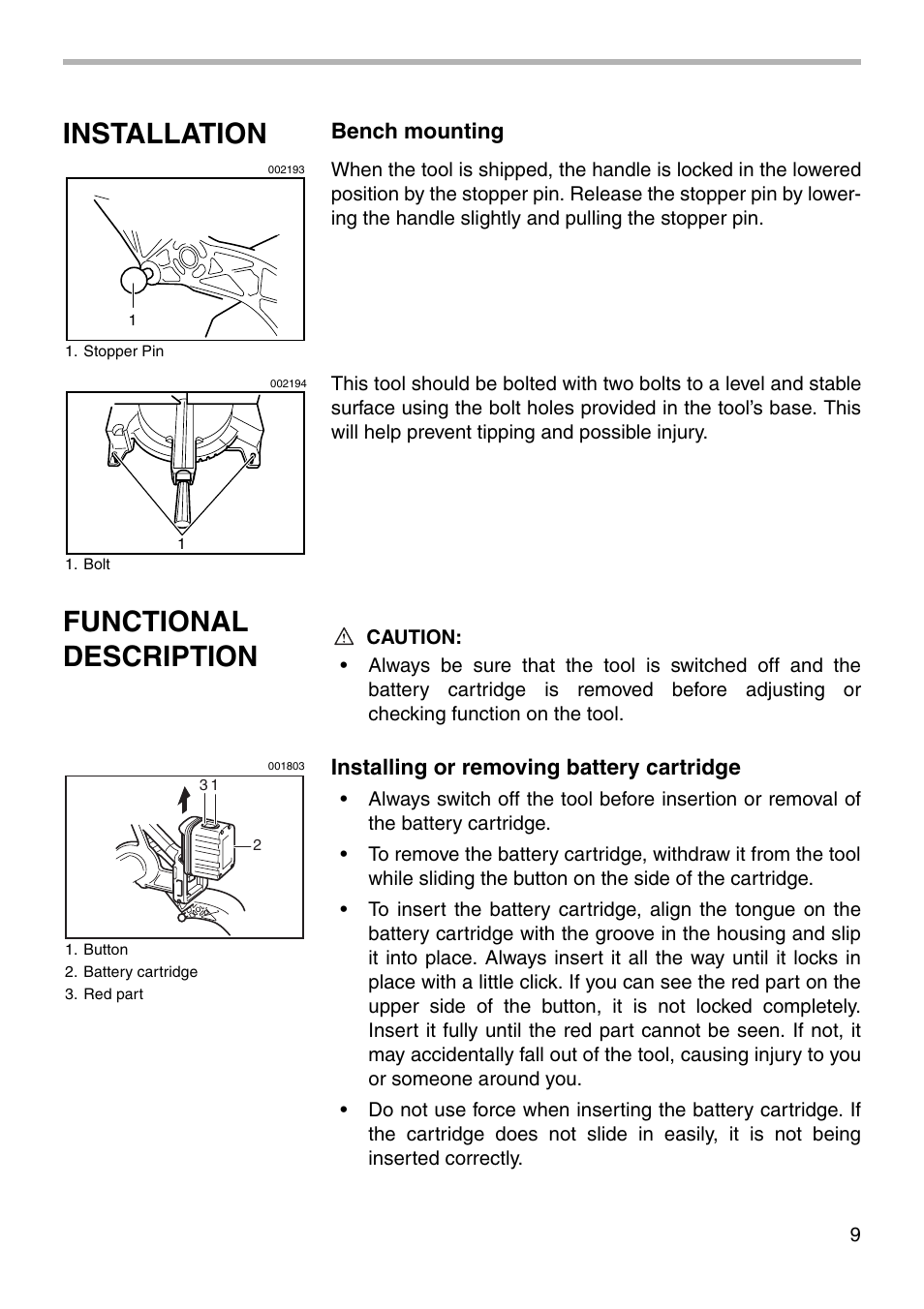 Installation, Functional description, Bench mounting | Installing or removing battery cartridge | Makita BLS712 User Manual | Page 9 / 36