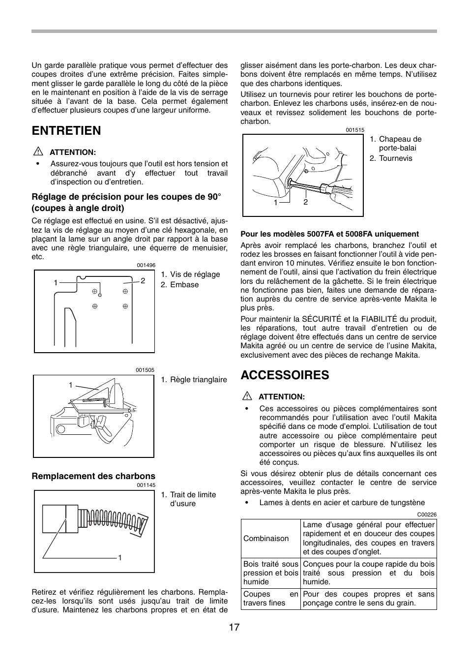 Entretien, Accessoires | Makita 5008FA User Manual | Page 17 / 28