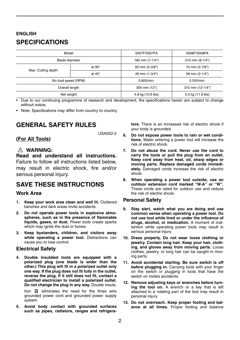 Specifications, General safety rules, Save these instructions | Work area, Electrical safety, Personal safety | Makita 5008FA User Manual | Page 2 / 28
