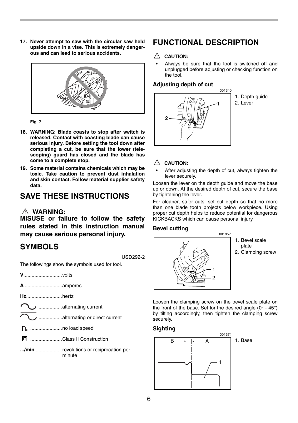 Save these instructions, Symbols, Functional description | Makita 5008FA User Manual | Page 6 / 28