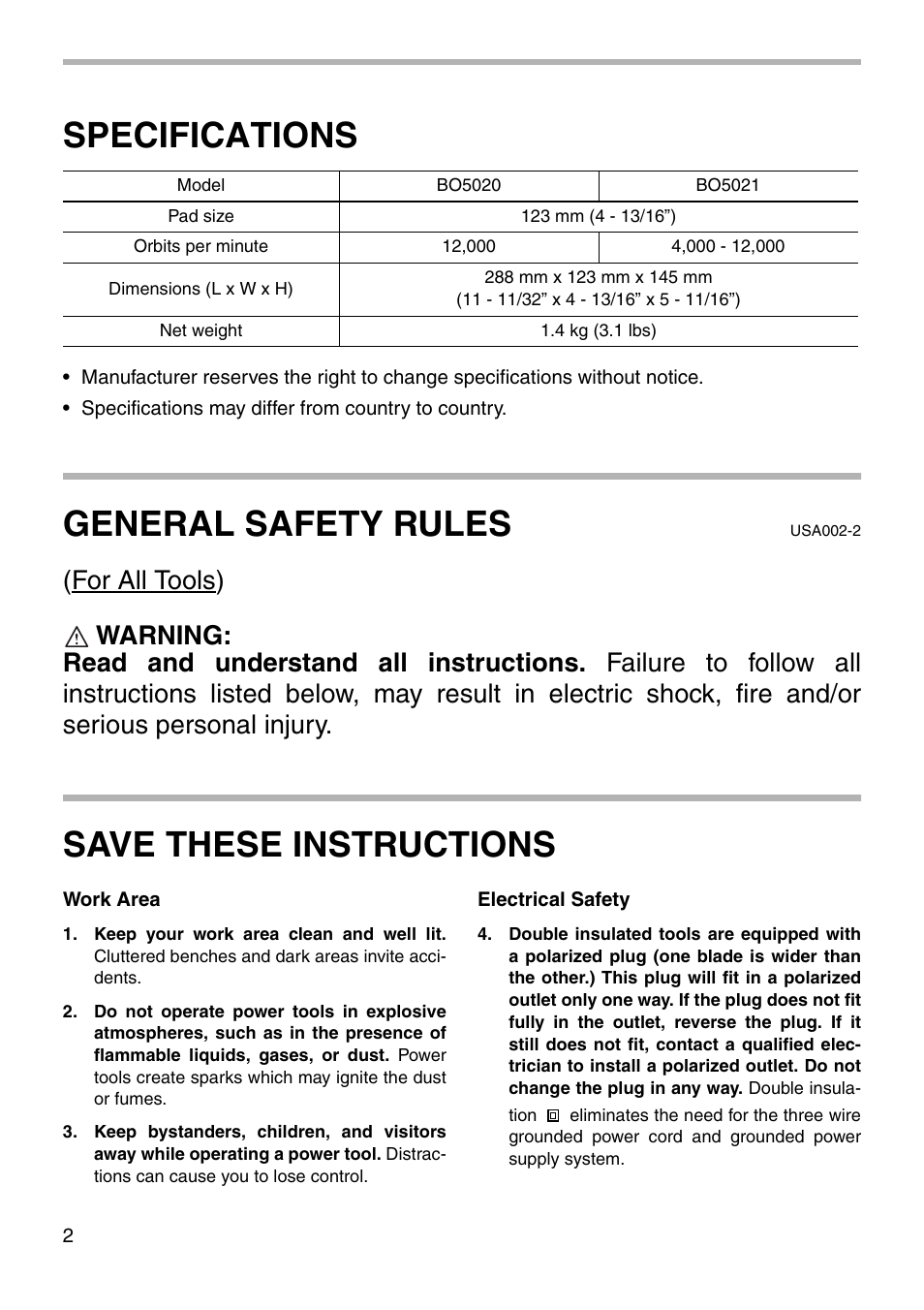 Specifications, General safety rules, Save these instructions | Makita BO5020 User Manual | Page 2 / 16