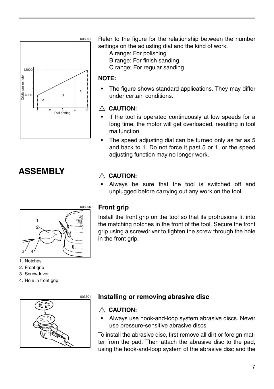 Assembly, Front grip, Installing or removing abrasive disc | Makita BO5020 User Manual | Page 7 / 16