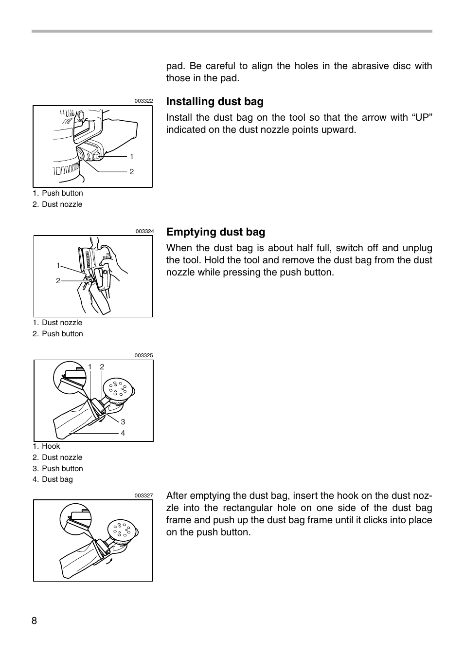 Installing dust bag, Emptying dust bag | Makita BO5020 User Manual | Page 8 / 16