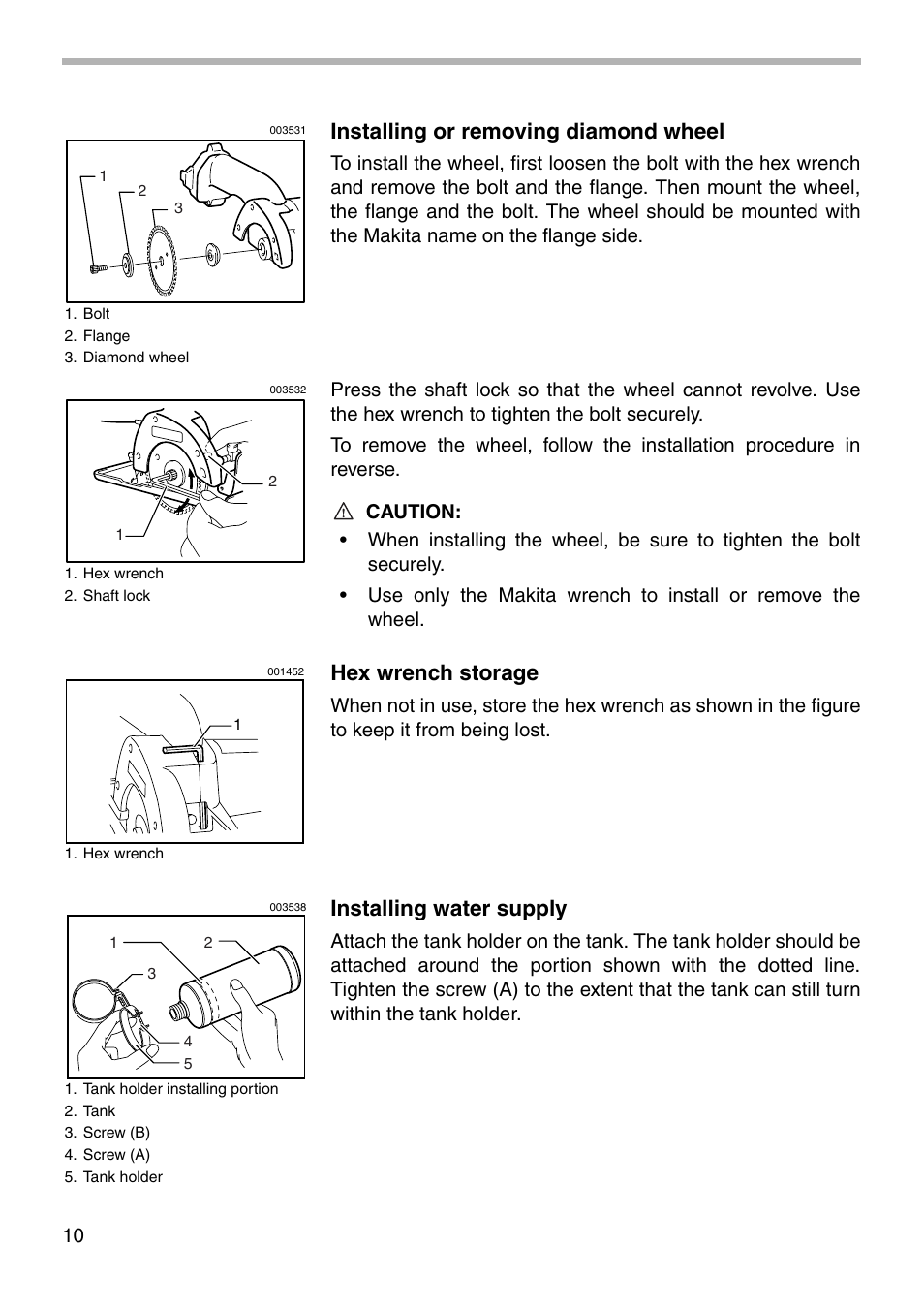 Installing or removing diamond wheel, Hex wrench storage, Installing water supply | Makita 4191D User Manual | Page 10 / 20
