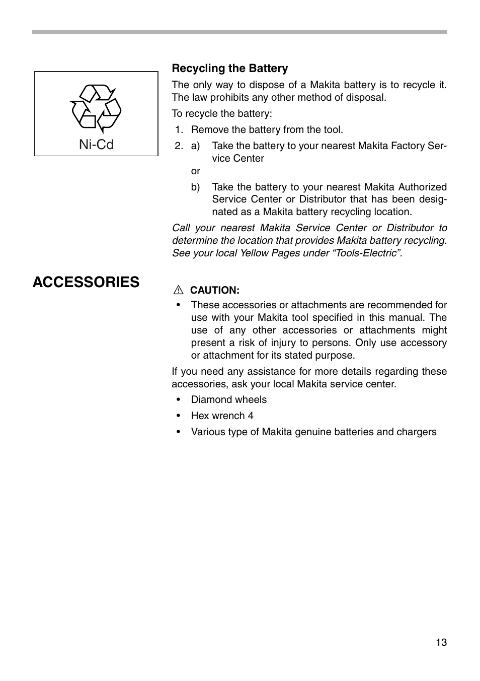 Accessories, Ni-cd | Makita 4191D User Manual | Page 13 / 20