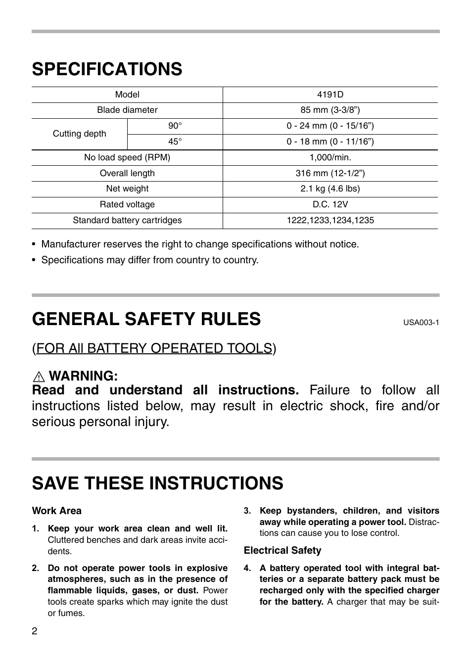 Specifications, General safety rules, Save these instructions | Makita 4191D User Manual | Page 2 / 20