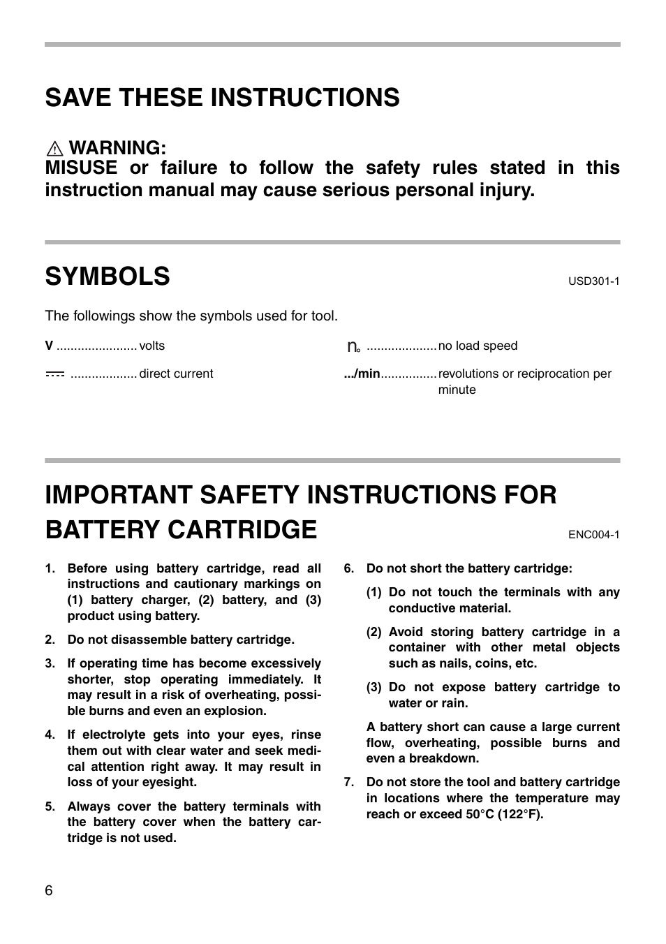Save these instructions, Symbols | Makita 4191D User Manual | Page 6 / 20