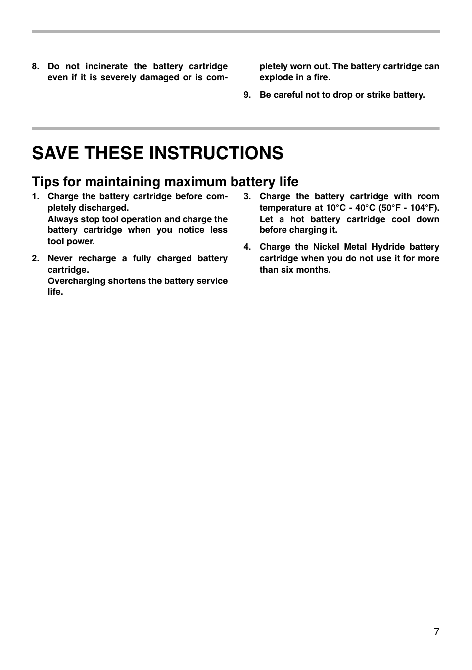 Save these instructions, Tips for maintaining maximum battery life | Makita 4191D User Manual | Page 7 / 20