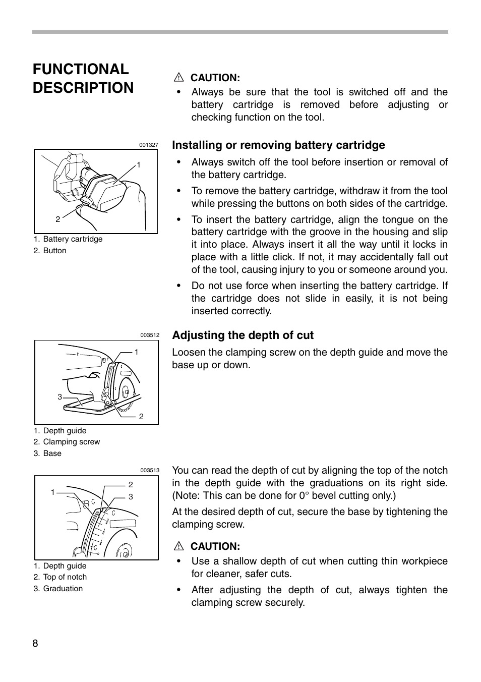 Functional description, Installing or removing battery cartridge, Adjusting the depth of cut | Makita 4191D User Manual | Page 8 / 20