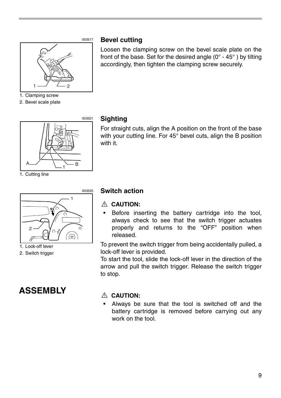 Assembly, Bevel cutting, Sighting | Switch action | Makita 4191D User Manual | Page 9 / 20