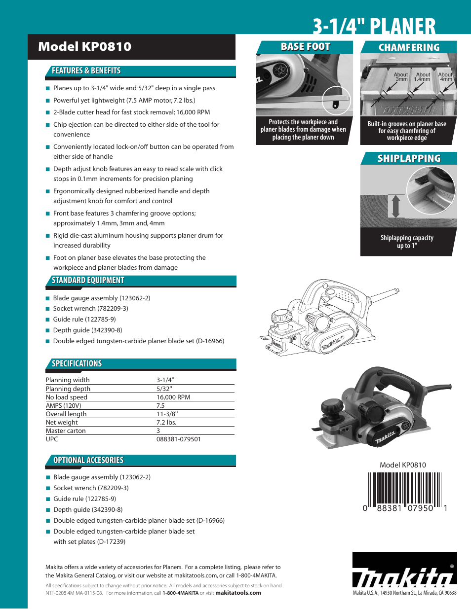 1/4'' planer, Model kp0810, Chamfering | Base foot, Shiplapping, Features & benefits, Optional accesories, Optional accesories specifications specifications | Makita KP0810 User Manual | Page 2 / 2