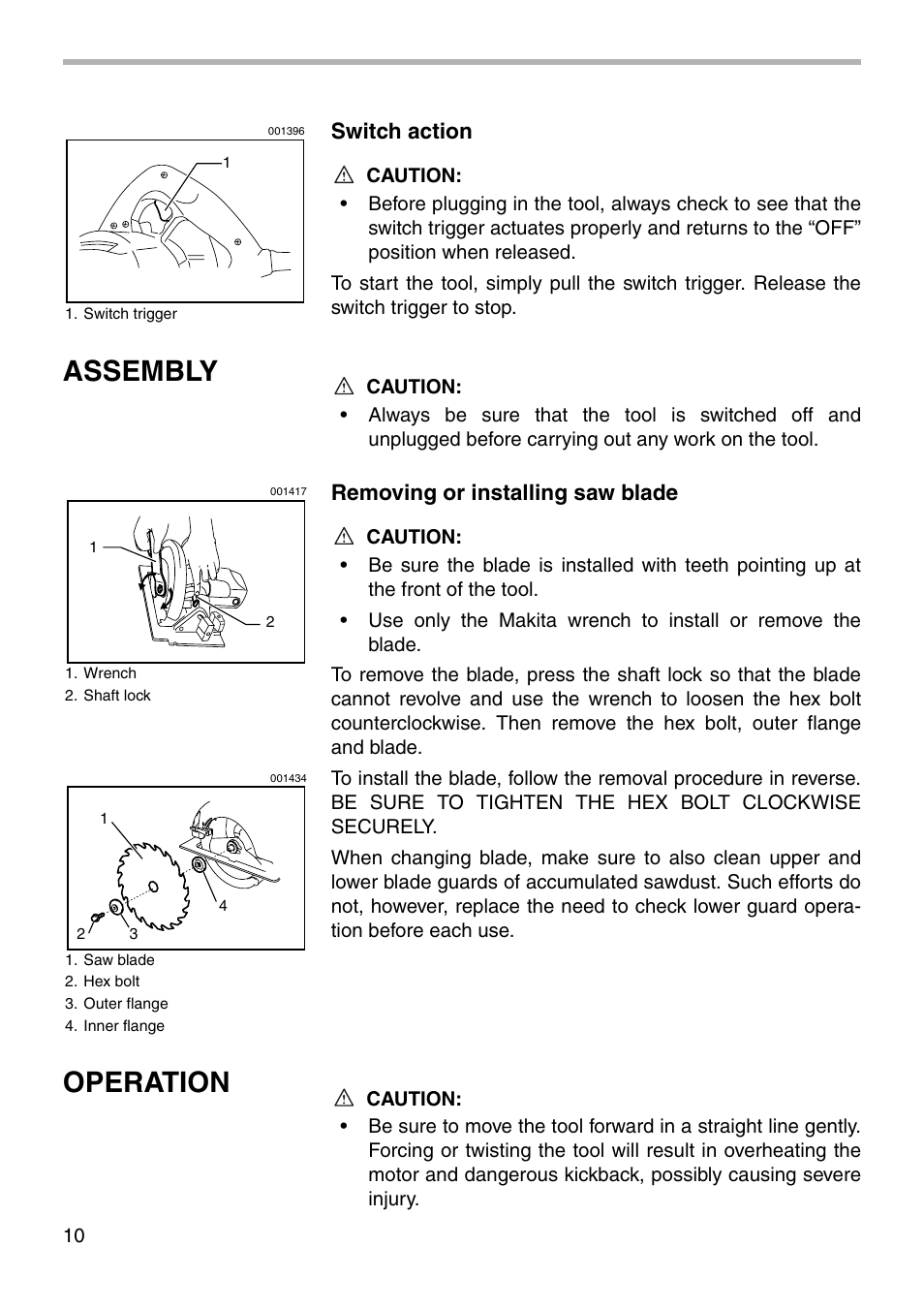 Assembly, Operation, Switch action | Removing or installing saw blade | Makita 5007NB User Manual | Page 10 / 20