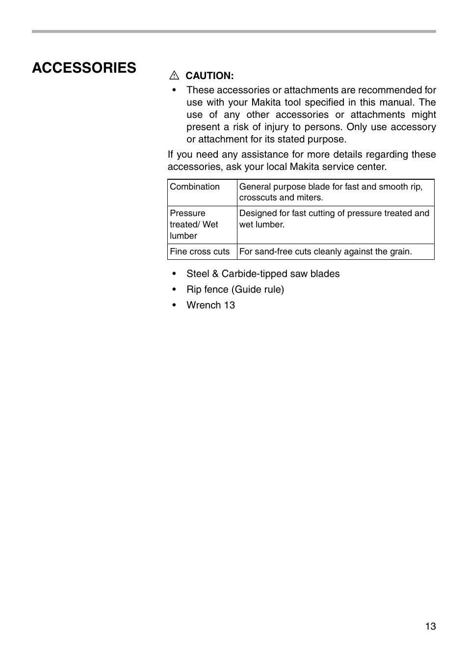 Accessories | Makita 5007NB User Manual | Page 13 / 20