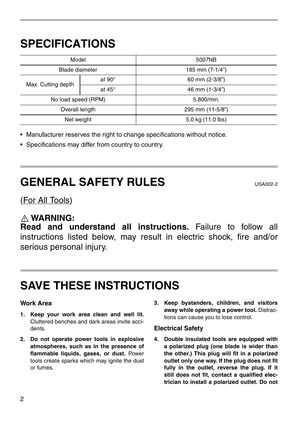 Specifications, General safety rules, Save these instructions | Makita 5007NB User Manual | Page 2 / 20