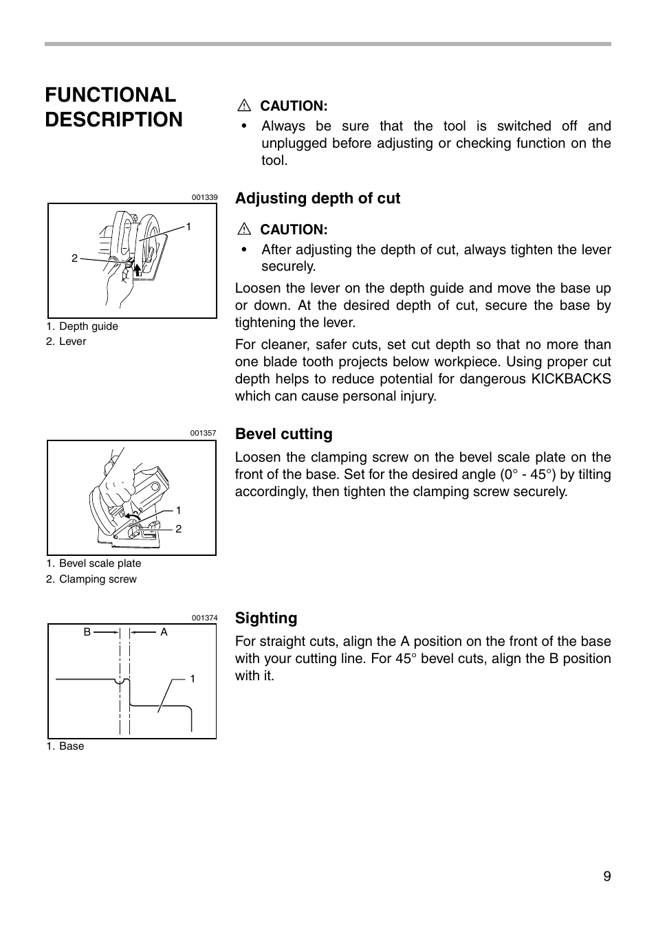 Functional description, Adjusting depth of cut, Bevel cutting | Sighting | Makita 5007NB User Manual | Page 9 / 20