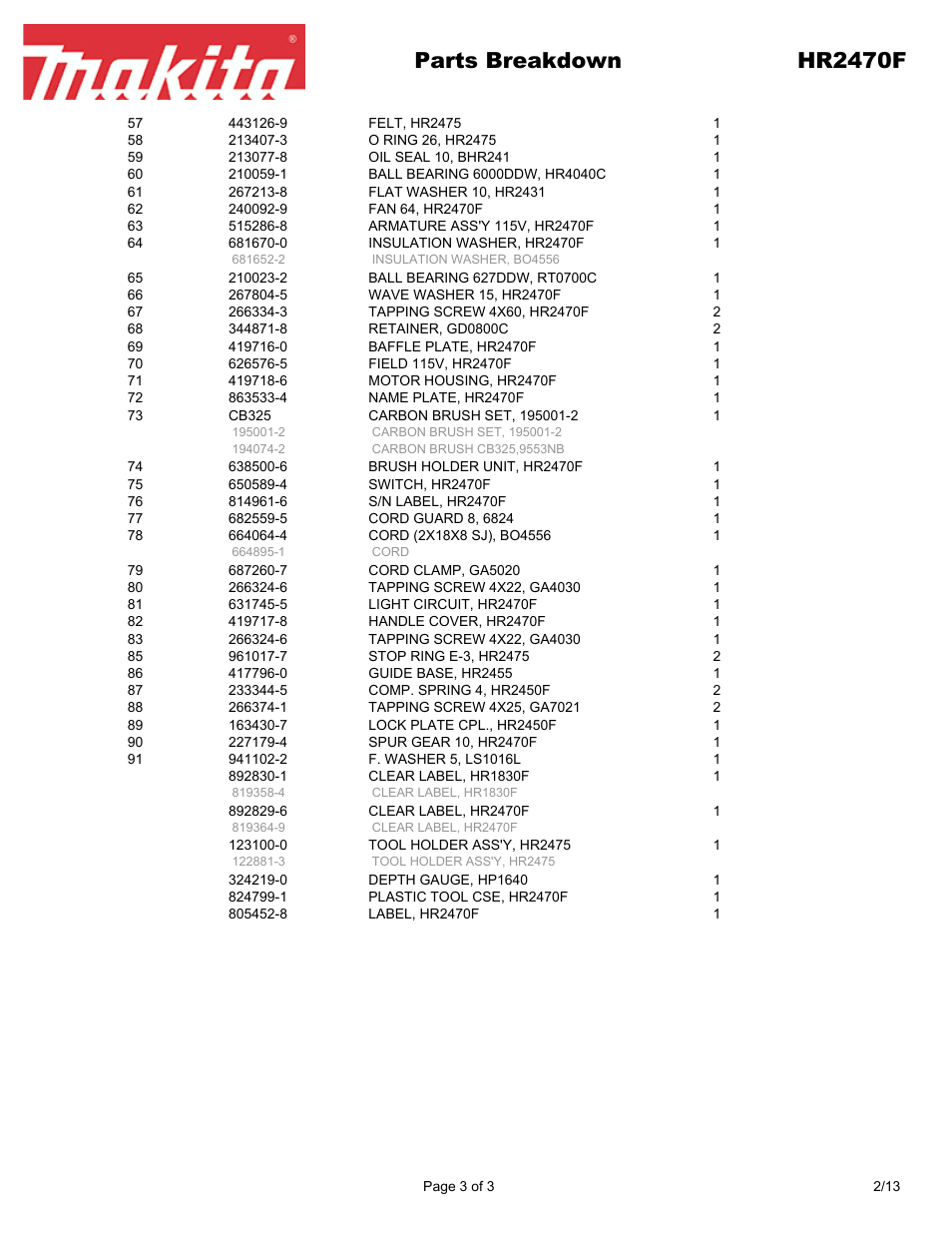 Parts breakdown hr2470f | Makita HR2470F User Manual | Page 3 / 3