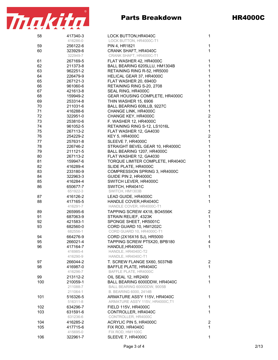 Parts breakdown hr4000c | Makita HR4000C User Manual | Page 3 / 4