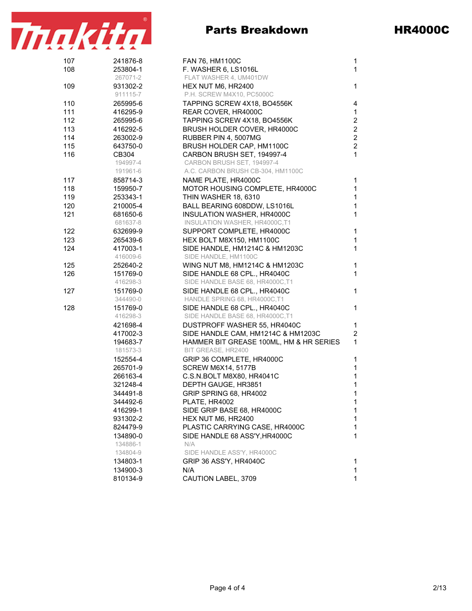 Parts breakdown hr4000c | Makita HR4000C User Manual | Page 4 / 4