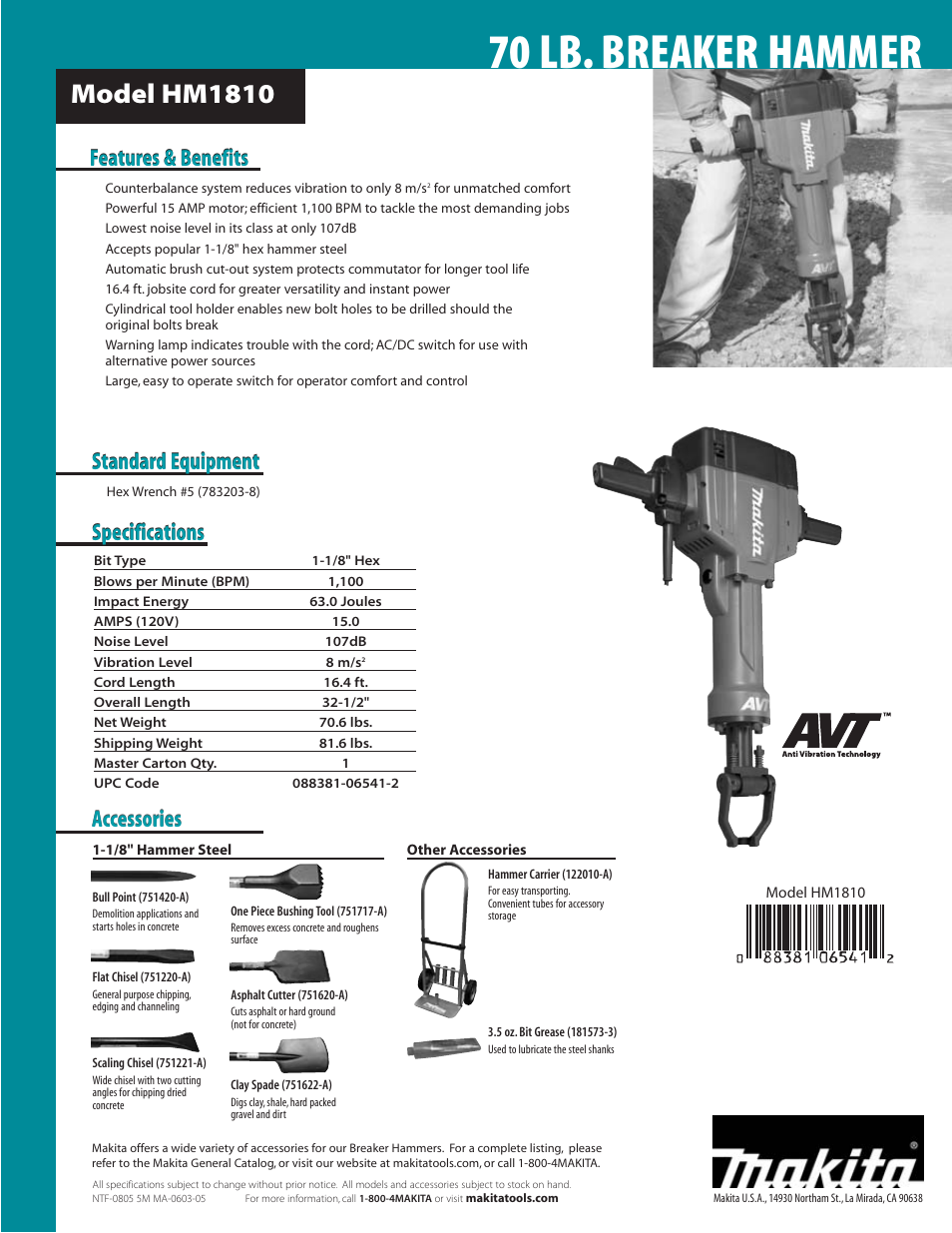70 lb. breaker hammer, Model hm1810, Features & benefits | Standard equipment, Standard equipment specifications specifications, Accessories | Makita HM181 User Manual | Page 2 / 2