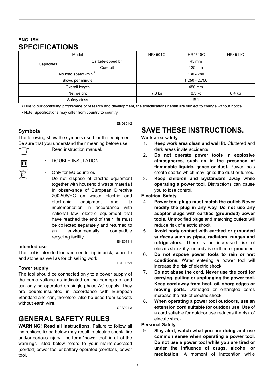 Specifications, General safety rules, Save these instructions | Symbols | Makita HR4510C User Manual | Page 2 / 12