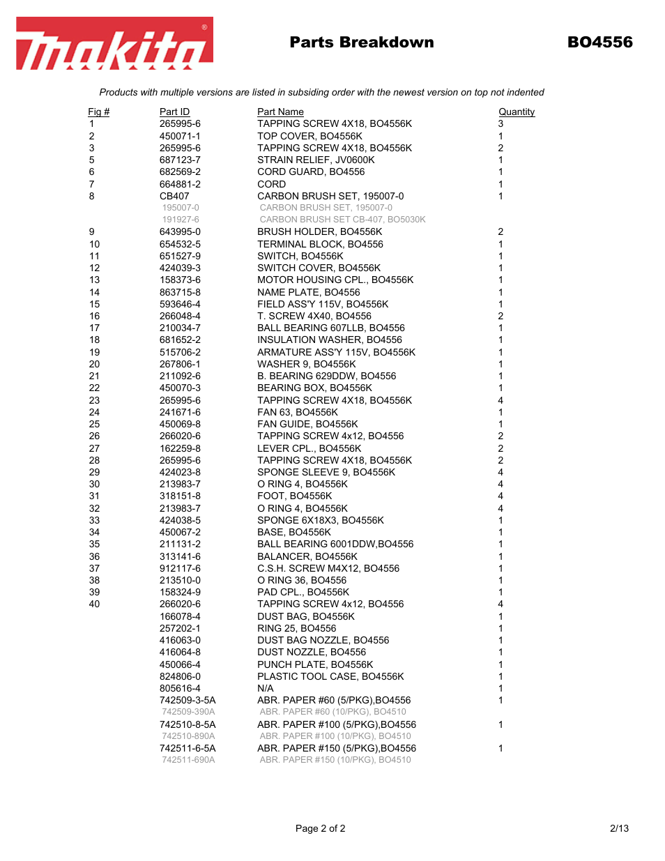Parts breakdown bo4556 | Makita BO455 User Manual | Page 2 / 2
