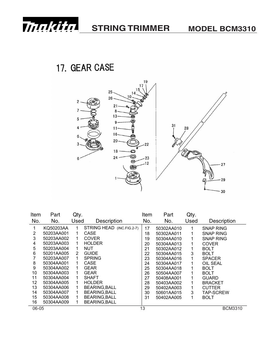 String trimmer, Model bcm3310 | Makita BCM3310 User Manual | Page 13 / 13